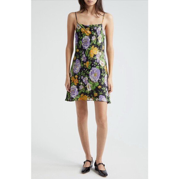 Farm Rio Capri Floral Sleeveless Mini Slipdress Square Neck Black Sz Large $160 - Picture 1 of 5